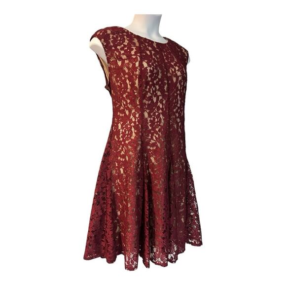 ⭐️Gabby Skye Lace Maroon Fit & Flare Sleeveless Illusion Overlay Party Dress - Picture 3 of 15